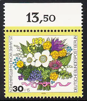 BERLIN 1974 Michel-Nummer 473 postfrisch EINZELMARKE RAND oben (b) - Blumensträuße: Frühlingsstrauß