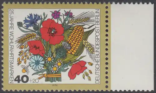 BERLIN 1974 Michel-Nummer 474 postfrisch EINZELMARKE RAND rechts - Blumensträuße: Herbststrauß