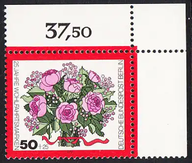 BERLIN 1974 Michel-Nummer 475 postfrisch EINZELMARKE ECKRAND oben rechts - Blumensträuße: Rosenstrauß