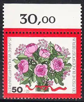 BERLIN 1974 Michel-Nummer 475 postfrisch EINZELMARKE RAND oben (b) - Blumensträuße: Rosenstrauß