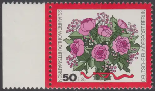 BERLIN 1974 Michel-Nummer 475 postfrisch EINZELMARKE RAND links - Blumensträuße: Rosenstrauß