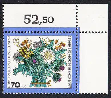 BERLIN 1974 Michel-Nummer 476 postfrisch EINZELMARKE ECKRAND oben rechts - Blumensträuße: Winterlicher Strauß