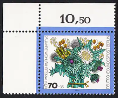BERLIN 1974 Michel-Nummer 476 postfrisch EINZELMARKE ECKRAND oben links - Blumensträuße: Winterlicher Strauß