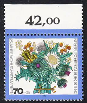 BERLIN 1974 Michel-Nummer 476 postfrisch EINZELMARKE RAND oben (c) - Blumensträuße: Winterlicher Strauß