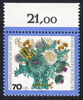 BERLIN 1974 Michel-Nummer 476 postfrisch EINZELMARKE RAND oben (a) - Blumensträuße: Winterlicher Strauß