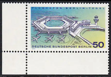 BERLIN 1974 Michel-Nummer 477 postfrisch EINZELMARKE ECKRAND unten links - Inbetriebnahme des neuen Flughafens Berlin-Tegel