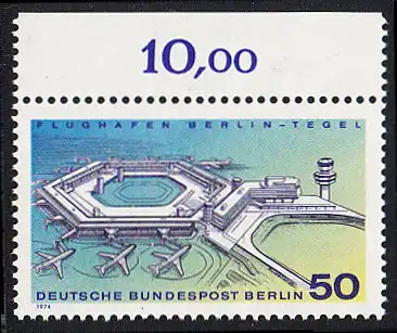 BERLIN 1974 Michel-Nummer 477 postfrisch EINZELMARKE RAND oben (a) - Inbetriebnahme des neuen Flughafens Berlin-Tegel