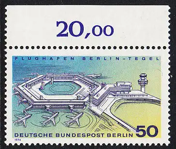 BERLIN 1974 Michel-Nummer 477 postfrisch EINZELMARKE RAND oben (b) - Inbetriebnahme des neuen Flughafens Berlin-Tegel