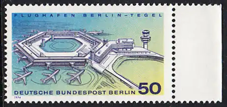 BERLIN 1974 Michel-Nummer 477 postfrisch EINZELMARKE RAND rechts - Inbetriebnahme des neuen Flughafens Berlin-Tegel