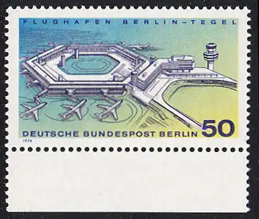 BERLIN 1974 Michel-Nummer 477 postfrisch EINZELMARKE RAND unten - Inbetriebnahme des neuen Flughafens Berlin-Tegel