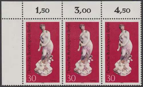 BERLIN 1974 Michel-Nummer 478 postfrisch horiz.STRIP(3) ECKRAND oben links - Berliner Porzellan: Venus