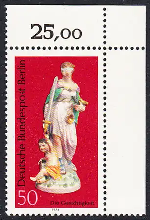 BERLIN 1974 Michel-Nummer 480 postfrisch EINZELMARKE ECKRAND oben rechts - Berliner Porzellan: Die Gerechtigkeit