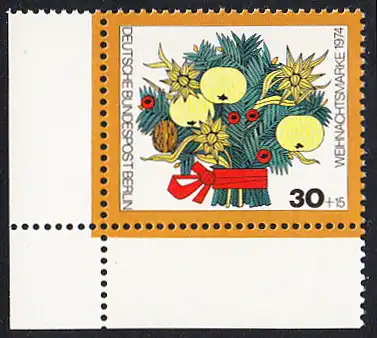 BERLIN 1974 Michel-Nummer 481 postfrisch EINZELMARKE ECKRAND unten links - Weihnachten