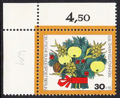 BERLIN 1974 Michel-Nummer 481 postfrisch EINZELMARKE ECKRAND oben links - Weihnachten