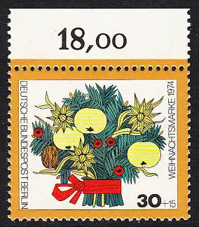 BERLIN 1974 Michel-Nummer 481 postfrisch EINZELMARKE RAND oben (c) - Weihnachten