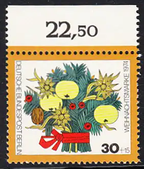 BERLIN 1974 Michel-Nummer 481 postfrisch EINZELMARKE RAND oben (d) - Weihnachten