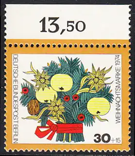 BERLIN 1974 Michel-Nummer 481 postfrisch EINZELMARKE RAND oben (b) - Weihnachten