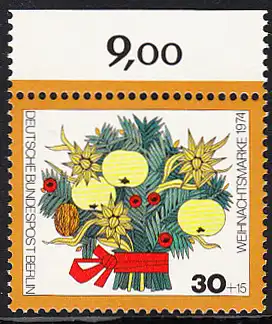 BERLIN 1974 Michel-Nummer 481 postfrisch EINZELMARKE RAND oben (a) - Weihnachten