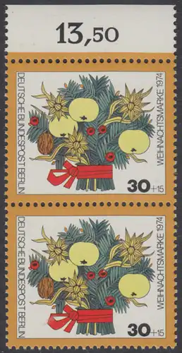 BERLIN 1974 Michel-Nummer 481 postfrisch vert.PAAR RAND oben (b) - Weihnachten