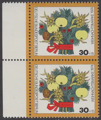 BERLIN 1974 Michel-Nummer 481 postfrisch vert.PAAR RAND links - Weihnachten