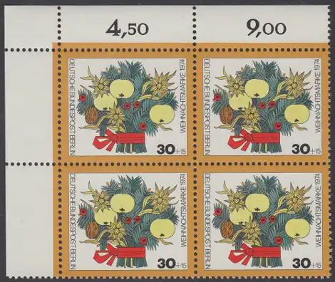 BERLIN 1974 Michel-Nummer 481 postfrisch BLOCK ECKRAND oben links - Weihnachten