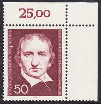 BERLIN 1975 Michel-Nummer 482 postfrisch EINZELMARKE ECKRAND oben rechts - Gottfried Schadow, Bildhauer und Grafiker