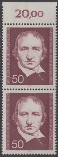 BERLIN 1975 Michel-Nummer 482 postfrisch vert.PAAR RAND oben - Gottfried Schadow, Bildhauer und Grafiker