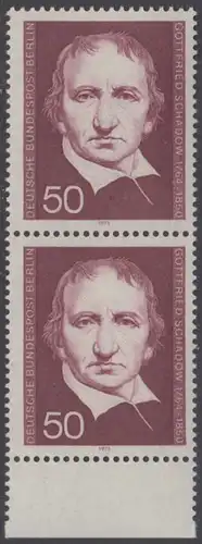 BERLIN 1975 Michel-Nummer 482 postfrisch vert.PAAR RAND unten - Gottfried Schadow, Bildhauer und Grafiker