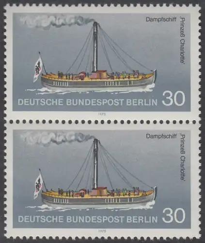 BERLIN 1975 Michel-Nummer 483 postfrisch vert.PAAR - Berliner Verkehrsmittel, Personenschiffahrt: Dampfschiff Prinzeß Charlotte