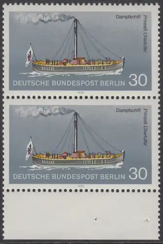 BERLIN 1975 Michel-Nummer 483 postfrisch vert.PAAR RAND unten - Berliner Verkehrsmittel, Personenschiffahrt: Dampfschiff Prinzeß Charlotte