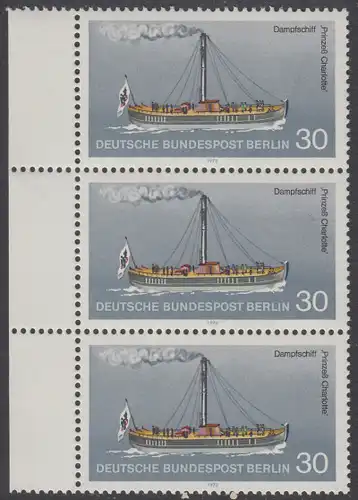 BERLIN 1975 Michel-Nummer 483 postfrisch vert.STRIP(3) RAND links - Berliner Verkehrsmittel, Personenschiffahrt: Dampfschiff Prinzeß Charlotte