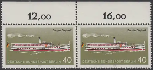 BERLIN 1975 Michel-Nummer 484 postfrisch horiz.PAAR RAND oben - Berliner Verkehrsmittel, Personenschiffahrt: Dampfer Siegfried