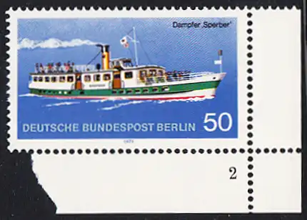 BERLIN 1975 Michel-Nummer 485 postfrisch EINZELMARKE ECKRAND unten rechts - Berliner Verkehrsmittel, Personenschiffahrt: Dampfer Sperber