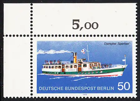 BERLIN 1975 Michel-Nummer 485 postfrisch EINZELMARKE ECKRAND oben links - Berliner Verkehrsmittel, Personenschiffahrt: Dampfer Sperber