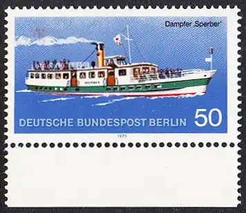 BERLIN 1975 Michel-Nummer 485 postfrisch EINZELMARKE RAND unten - Berliner Verkehrsmittel, Personenschiffahrt: Dampfer Sperber