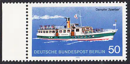 BERLIN 1975 Michel-Nummer 485 postfrisch EINZELMARKE RAND links - Berliner Verkehrsmittel, Personenschiffahrt: Dampfer Sperber