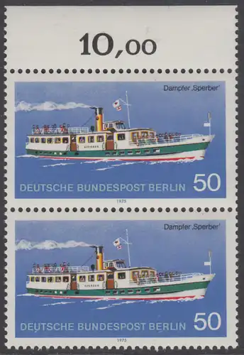 BERLIN 1975 Michel-Nummer 485 postfrisch vert.PAAR RAND oben - Berliner Verkehrsmittel, Personenschiffahrt: Dampfer Sperber