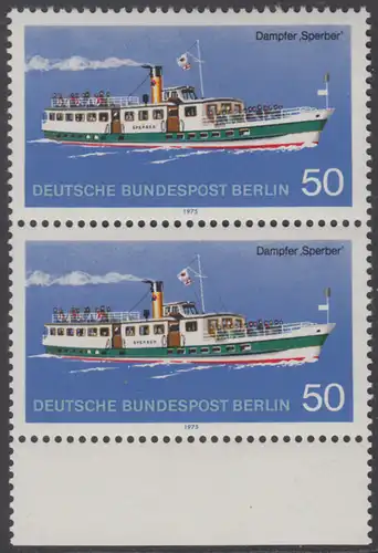 BERLIN 1975 Michel-Nummer 485 postfrisch vert.PAAR RAND unten - Berliner Verkehrsmittel, Personenschiffahrt: Dampfer Sperber
