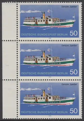 BERLIN 1975 Michel-Nummer 485 postfrisch vert.STRIP(3) RAND links - Berliner Verkehrsmittel, Personenschiffahrt: Dampfer Sperber