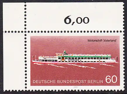BERLIN 1975 Michel-Nummer 486 postfrisch EINZELMARKE ECKRAND oben links - Berliner Verkehrsmittel, Personenschiffahrt: Motorschiff Vaterland