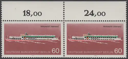 BERLIN 1975 Michel-Nummer 486 postfrisch horiz.PAAR RAND oben - Berliner Verkehrsmittel, Personenschiffahrt: Motorschiff Vaterland