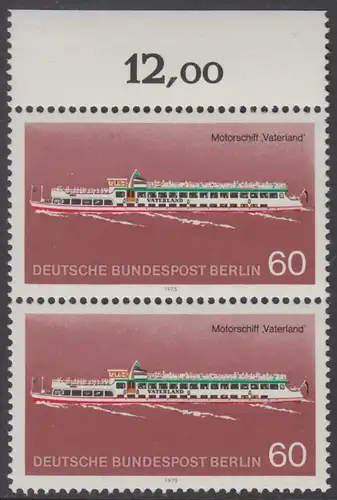 BERLIN 1975 Michel-Nummer 486 postfrisch vert.PAAR RAND oben - Berliner Verkehrsmittel, Personenschiffahrt: Motorschiff Vaterland