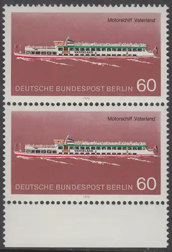 BERLIN 1975 Michel-Nummer 486 postfrisch vert.PAAR RAND unten - Berliner Verkehrsmittel, Personenschiffahrt: Motorschiff Vaterland