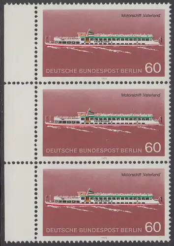BERLIN 1975 Michel-Nummer 486 postfrisch vert.STRIP(3) RAND links - Berliner Verkehrsmittel, Personenschiffahrt: Motorschiff Vaterland