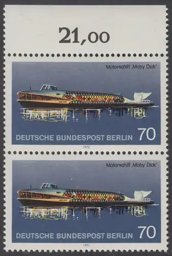 BERLIN 1975 Michel-Nummer 487 postfrisch vert.PAAR RAND oben - Berliner Verkehrsmittel, Personenschiffahrt: Motorschiff Moby Dick