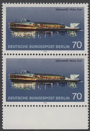 BERLIN 1975 Michel-Nummer 487 postfrisch vert.PAAR RAND unten - Berliner Verkehrsmittel, Personenschiffahrt: Motorschiff Moby Dick