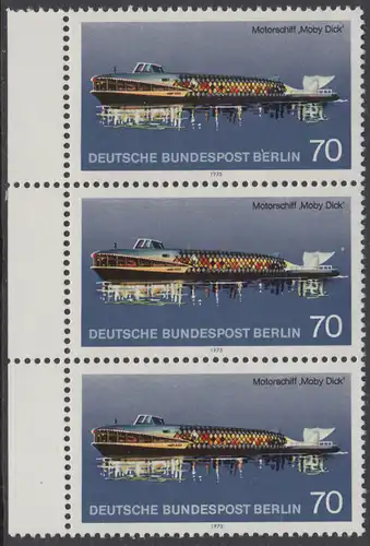 BERLIN 1975 Michel-Nummer 487 postfrisch vert.STRIP(3) RAND links - Berliner Verkehrsmittel, Personenschiffahrt: Motorschiff Moby Dick