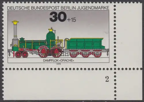 BERLIN 1975 Michel-Nummer 488 postfrisch EINZELMARKE ECKRAND unten rechts - Lokomotiven: Dampflok Drache 