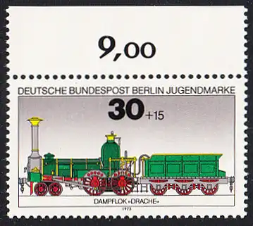 BERLIN 1975 Michel-Nummer 488 postfrisch EINZELMARKE RAND oben (a) - Lokomotiven: Dampflok Drache 