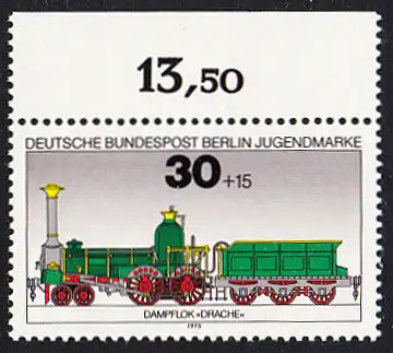 BERLIN 1975 Michel-Nummer 488 postfrisch EINZELMARKE RAND oben (b) - Lokomotiven: Dampflok Drache 